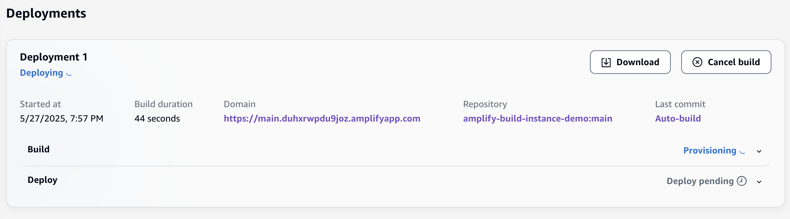 Screenshot of build deploy screen